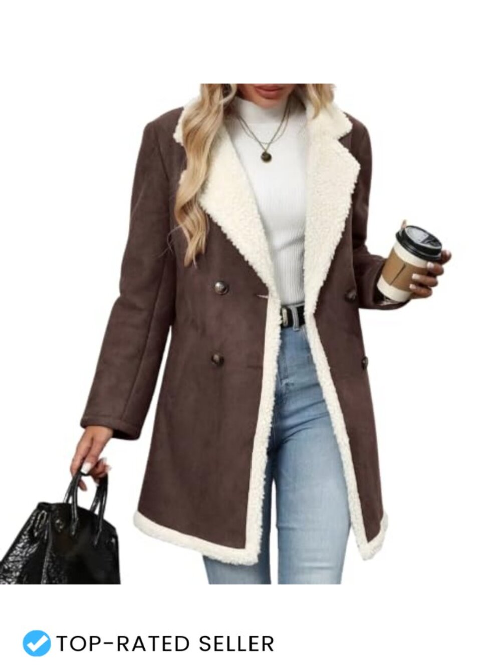 Faux Suede Sherpa Fleece Lined Peacoat Button Down Mid Thigh Coat